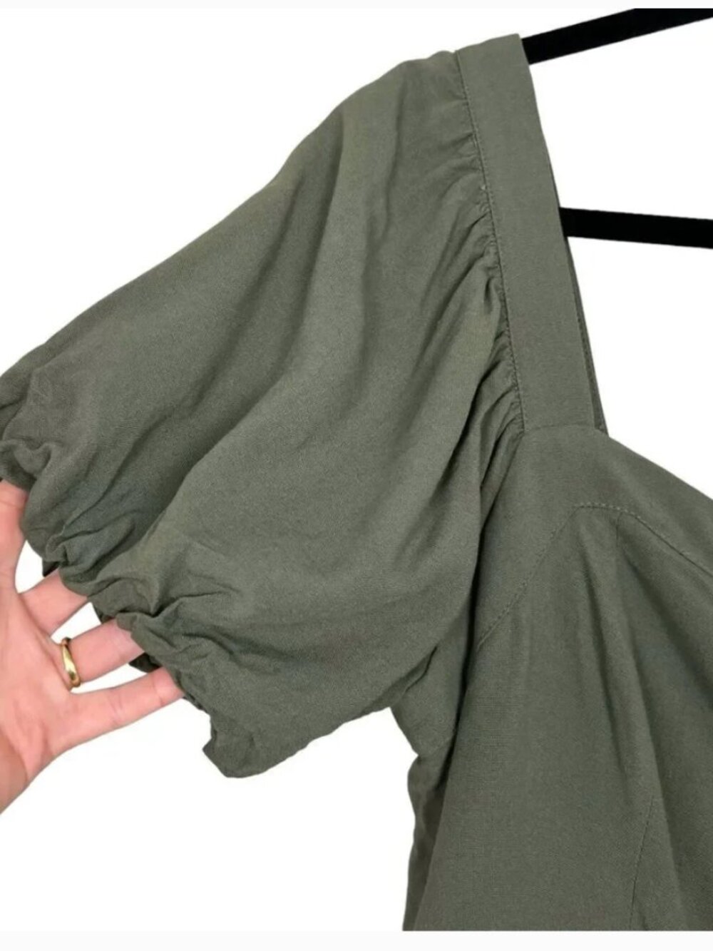 Lulus NEW Puff Sleeve Tiered Midi Dress Sz M Green Army Prairie Cottagecore - Picture 7 of 13